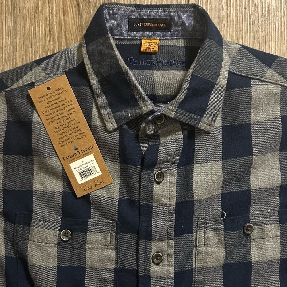 Tailor Vintage | Luxe Performance Plaid Flannel in Grey/Navy (Small) - Picture 7 of 8
